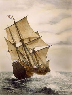 '»ĺ/The Voyage of the Mayflower', steel-plate engraving based on the painting by John Marshall the Elder, later coloratio
