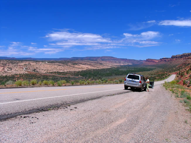 Our rented car Toyota 4Runner on a highway.