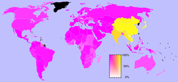 Map showing the prevalence of Abrahamic (pink) and Dharmic (yellow) religions in each country.