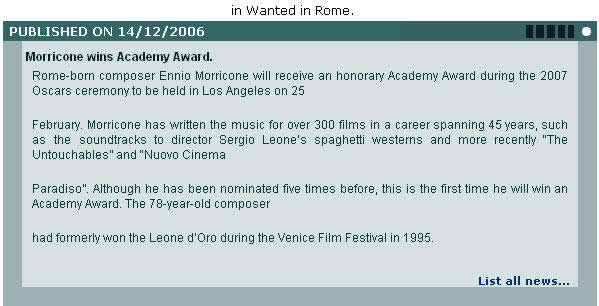 Wanted in Roma" Honorary Oscar goes to composer Ennio Morricone